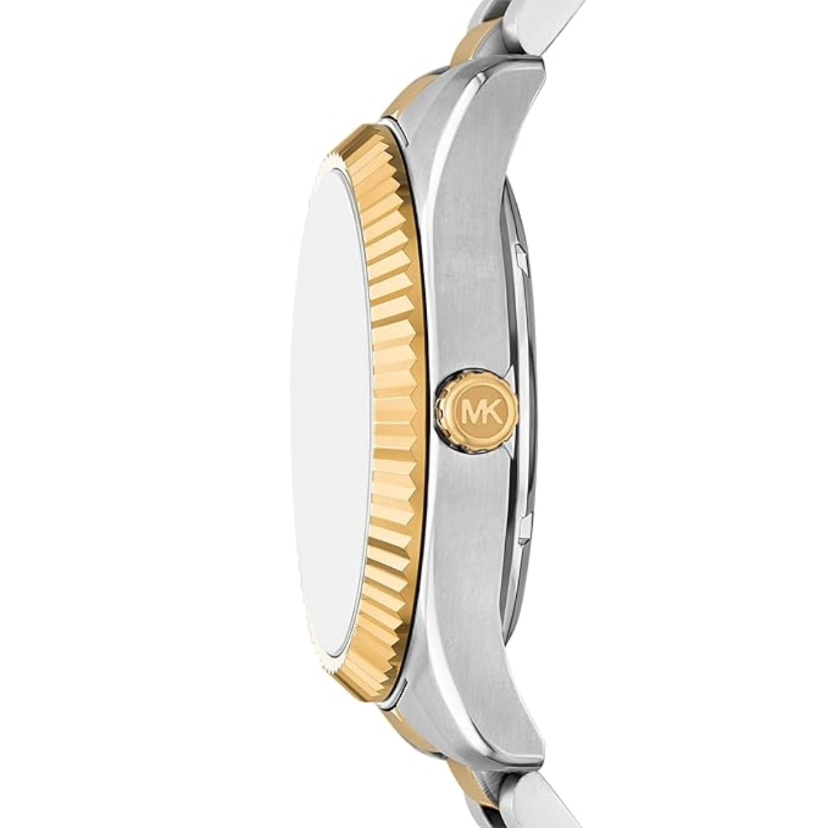Two-tone watch with gold and silver design on a white background