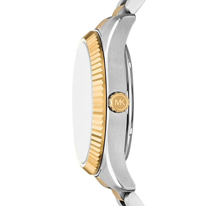 Two-tone watch with gold and silver design on a white background