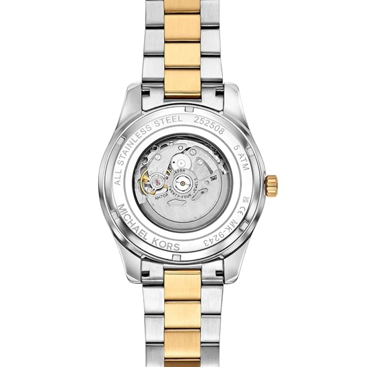 Two-tone watch with silver and gold strap on a white background