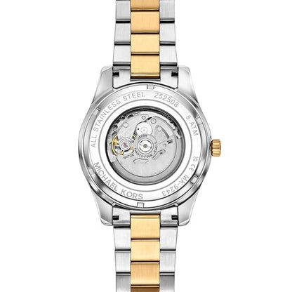 Two-tone watch with silver and gold strap on a white background