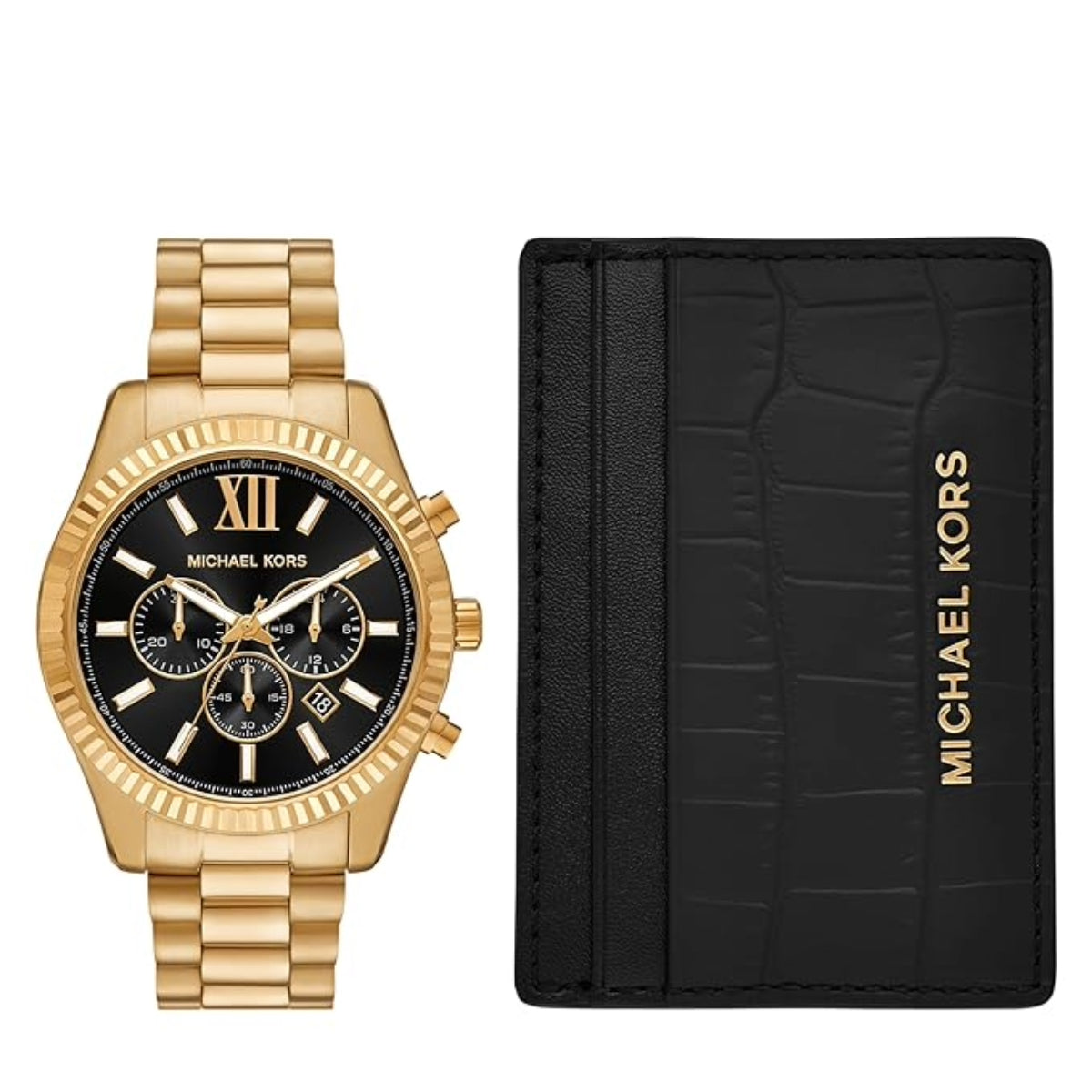 Gold watch and black wallet with 'Michael Kors' branding on a white background