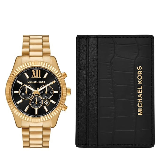 Gold watch and black wallet with 'Michael Kors' branding on a white background