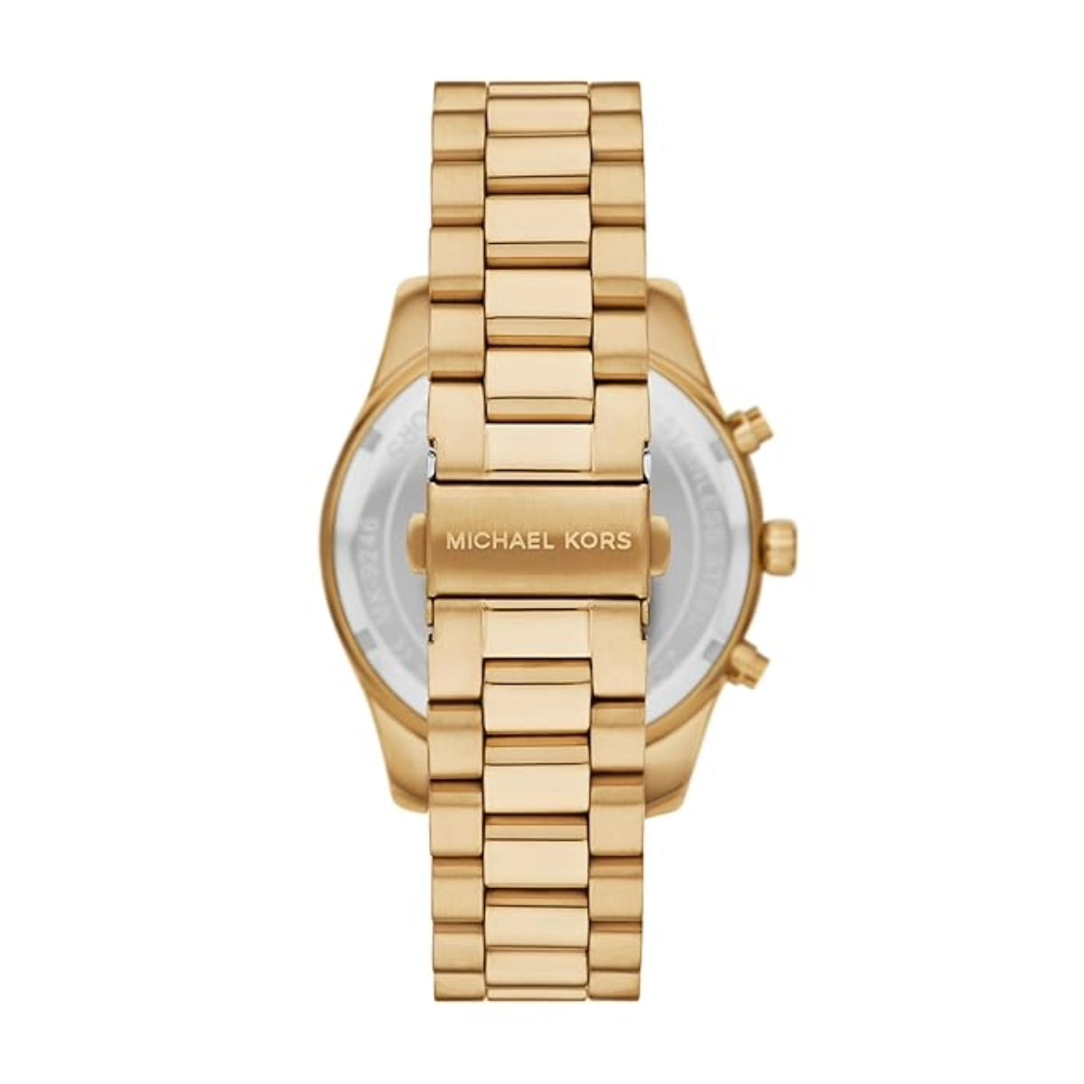 Gold watch with 'Michael Kors' branding on a white background