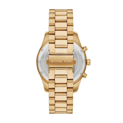Gold watch with 'Michael Kors' branding on a white background