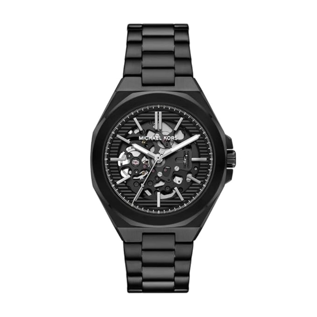 Black Michael Kors watch with a detailed face on a white background
