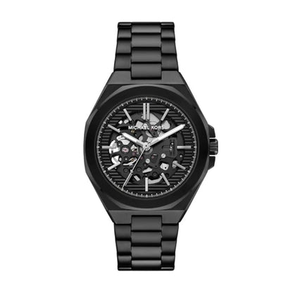 Black Michael Kors watch with a detailed face on a white background