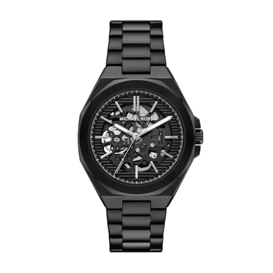 Black Michael Kors watch with a detailed face on a white background
