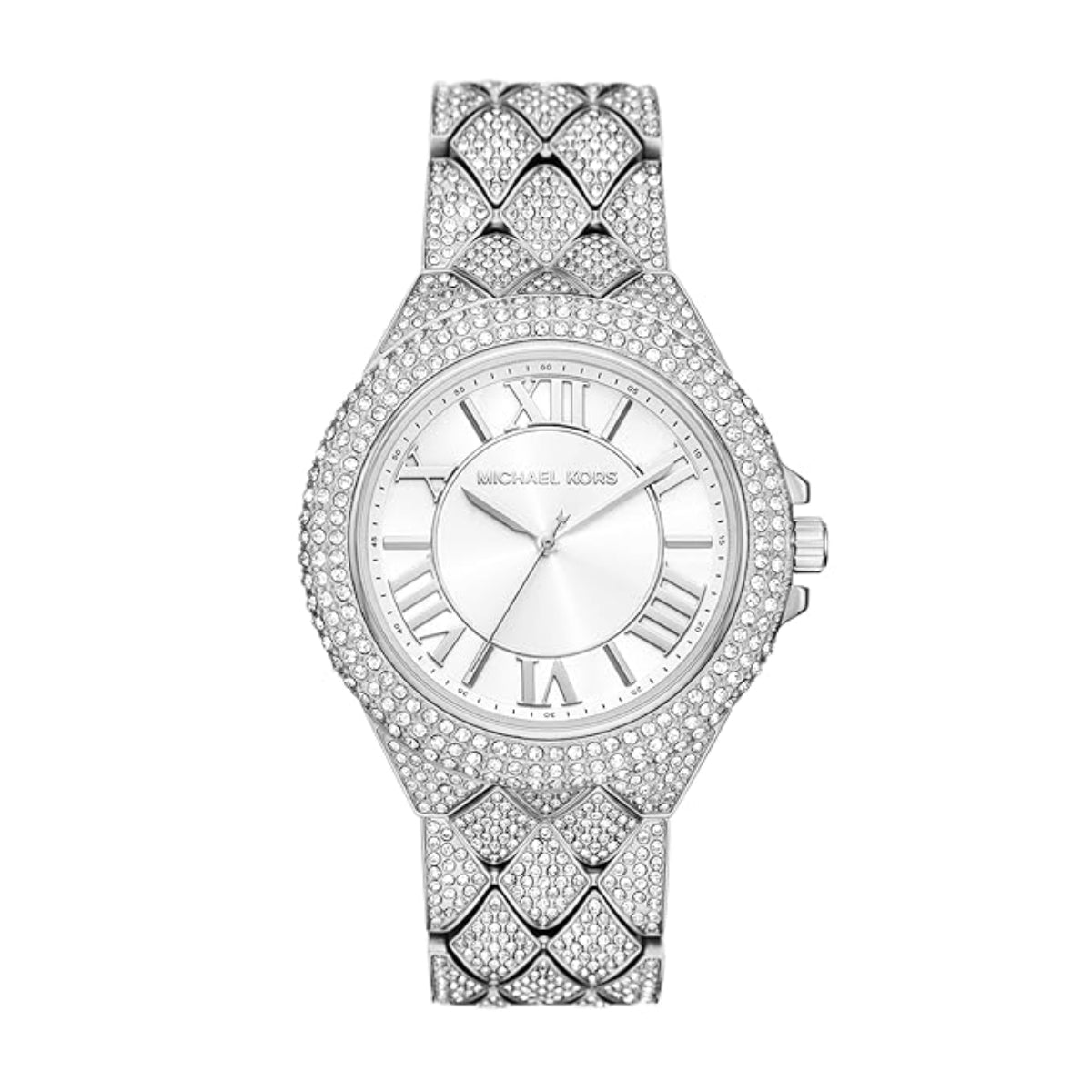 Silver watch with diamond-studded band on a white background