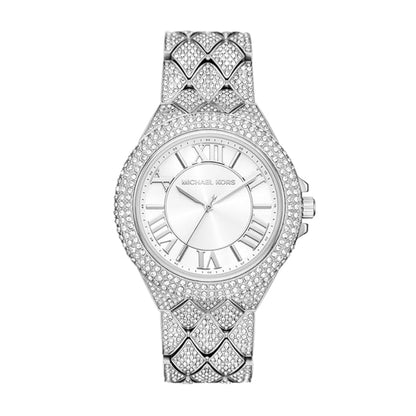 Silver watch with diamond-studded band on a white background