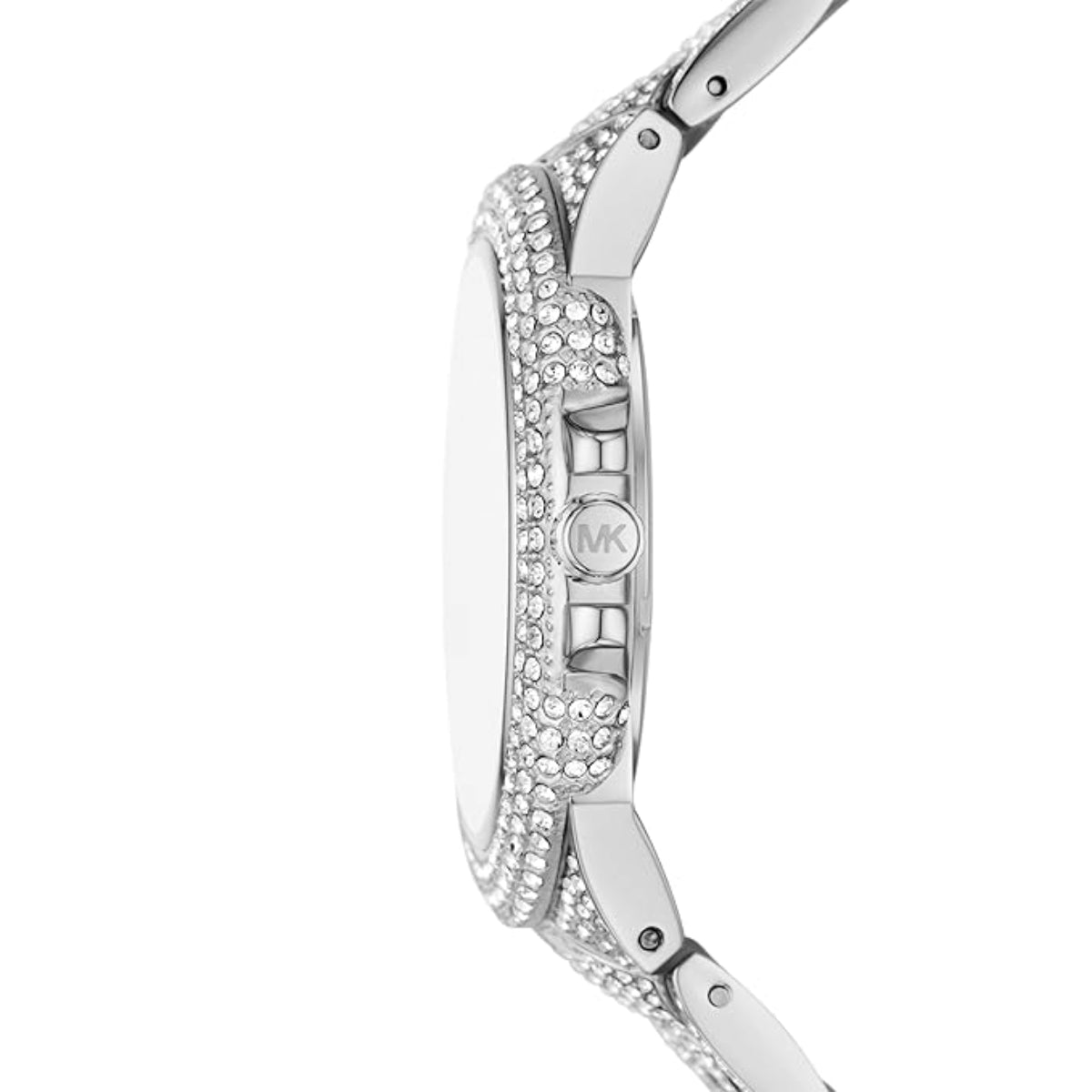 Silver watch with gemstone accents on a white background