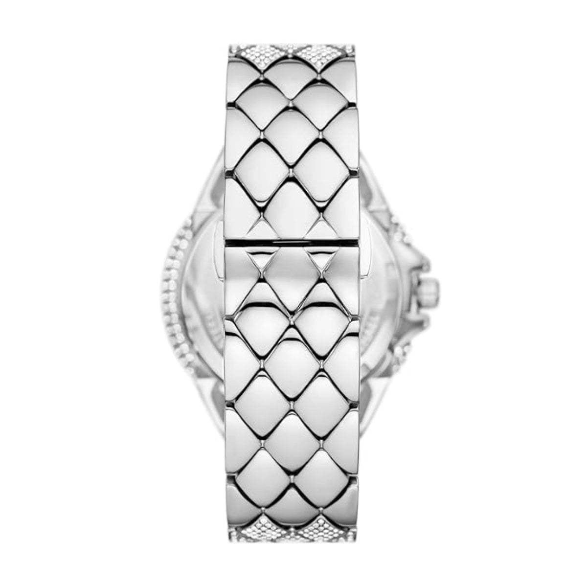 Silver watch with a patterned band on a white background