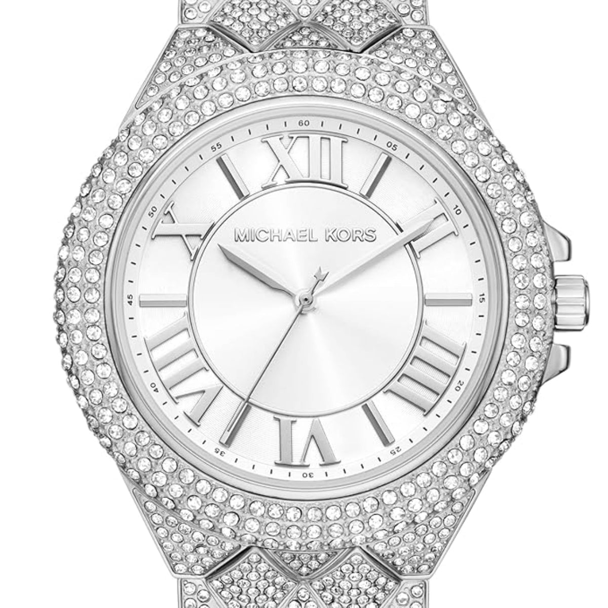 Silver Michael Kors watch with crystal embellishments on a white background