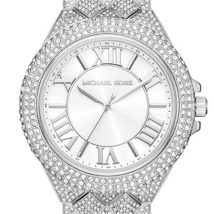Silver Michael Kors watch with crystal embellishments on a white background