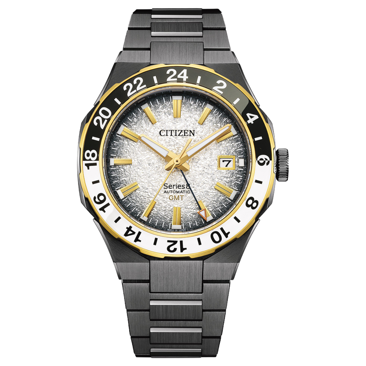 Citizen watch with black and gold design on a white background