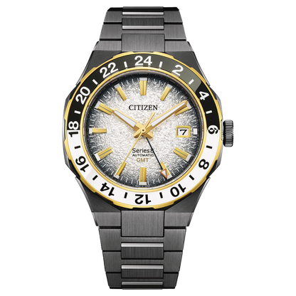 Citizen watch with black and gold design on a white background