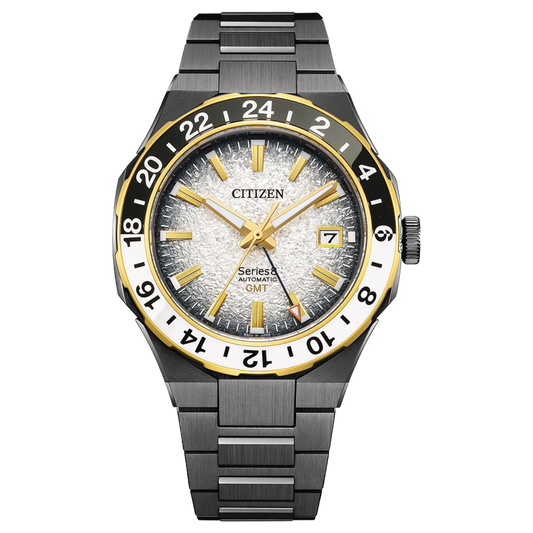 Citizen watch with black and gold design on a white background