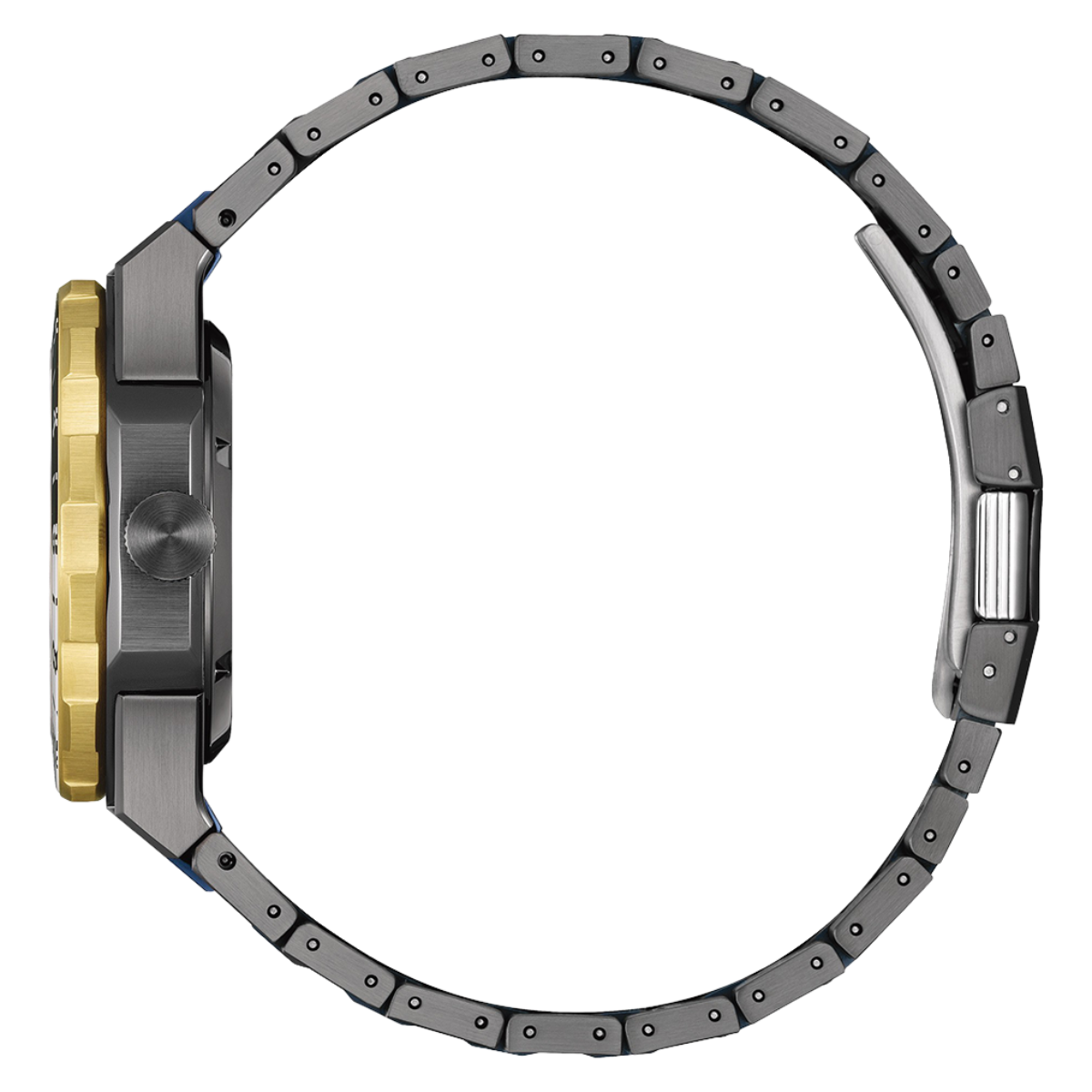 Close-up of a watch with a metallic band on a white background