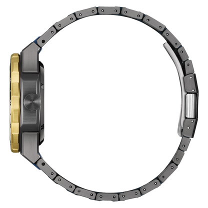 Close-up of a watch with a metallic band on a white background