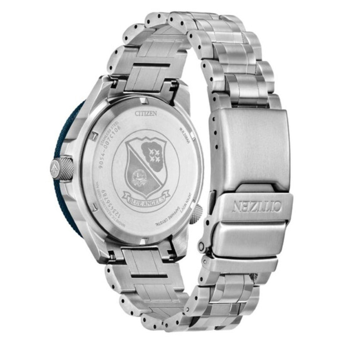 Silver Citizen watch with detailed back design on a white background