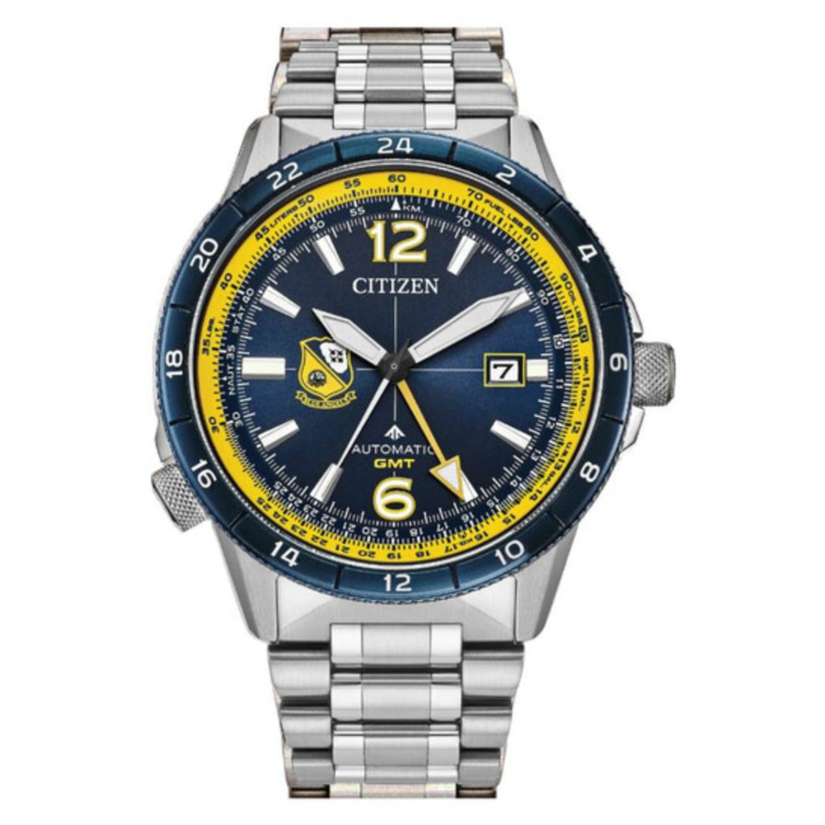 Citizen watch with blue and yellow face on a white background