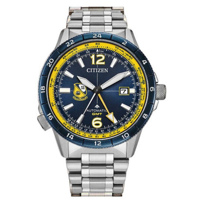 Citizen watch with blue and yellow face on a white background