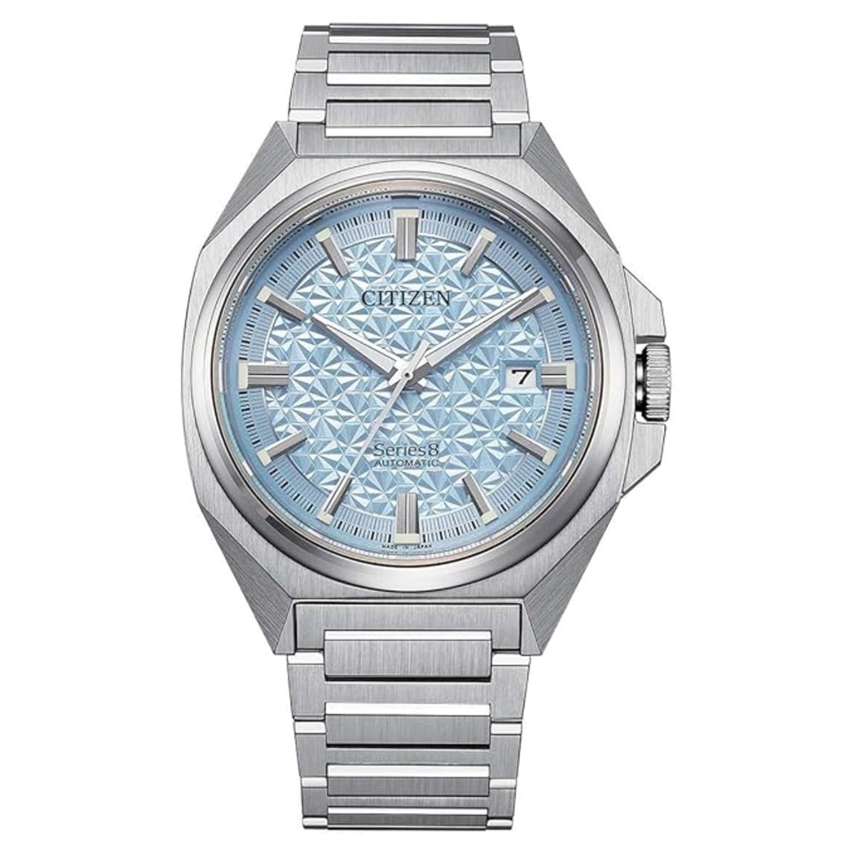 Silver Citizen watch with a blue textured face on a white background