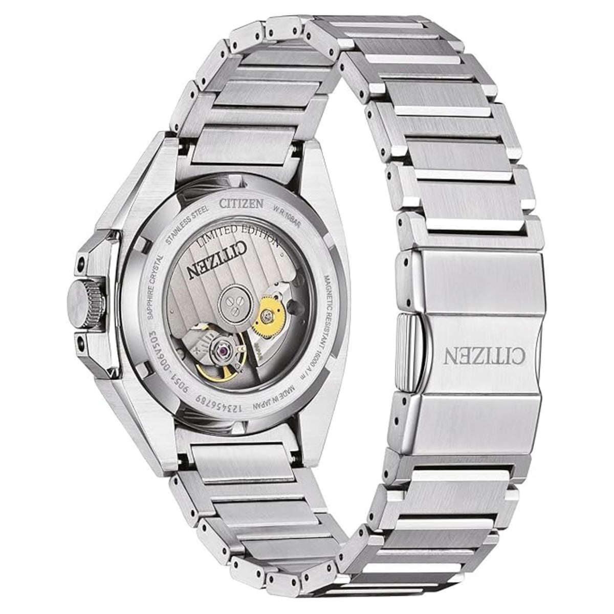 Silver Citizen watch with a detailed face on a white background