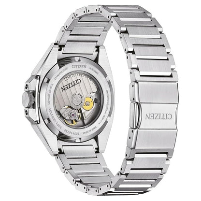 Silver Citizen watch with a detailed face on a white background