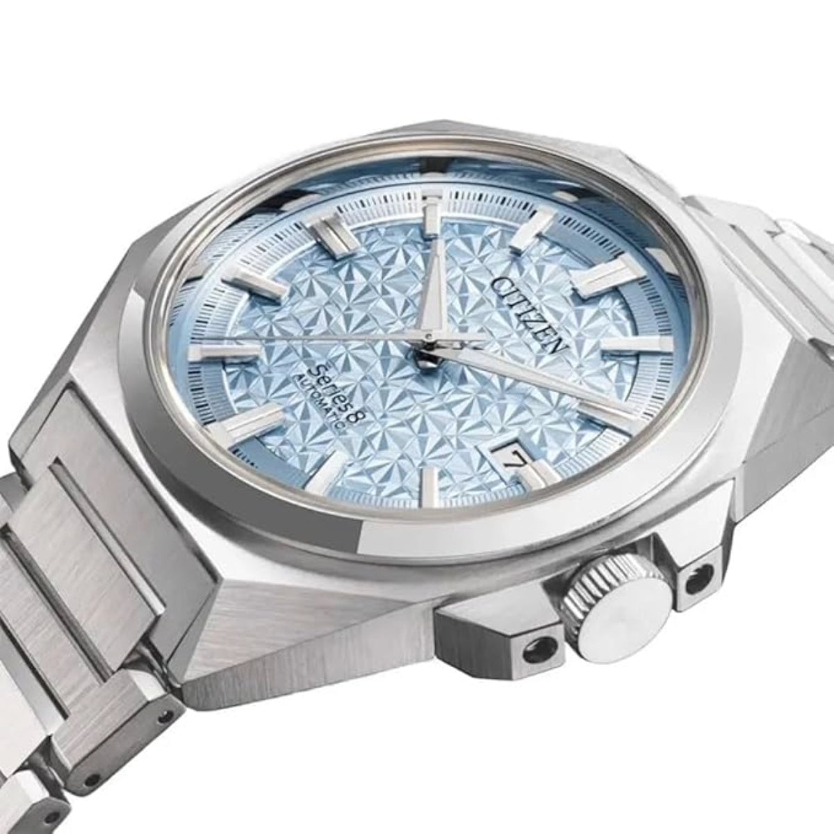Silver watch with a blue diamond-patterned face on a white background