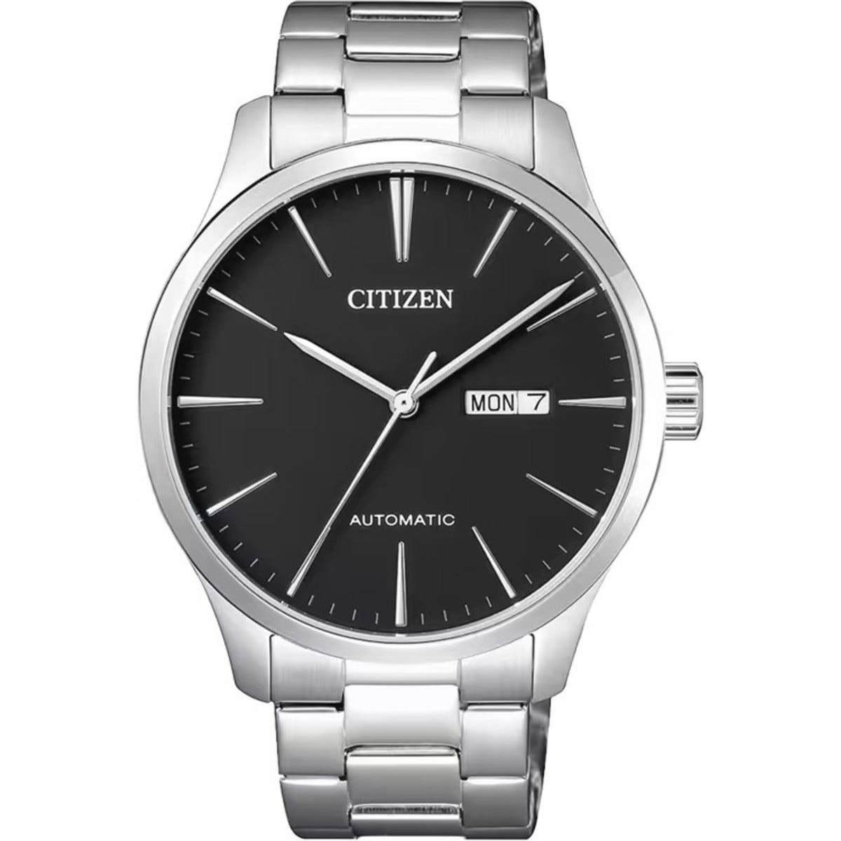 Citizen watch with black dial and silver metal strap on a white background