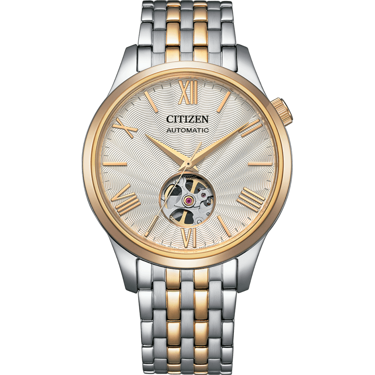 Two-tone Citizen watch with visible mechanical components on a white background