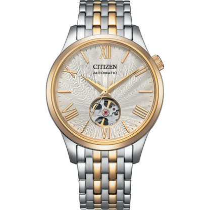 Two-tone Citizen watch with visible mechanical components on a white background
