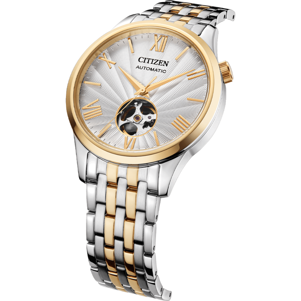 Two-tone Citizen watch with silver and gold band on a white background