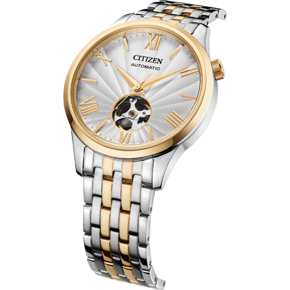 Two-tone Citizen watch with silver and gold band on a white background
