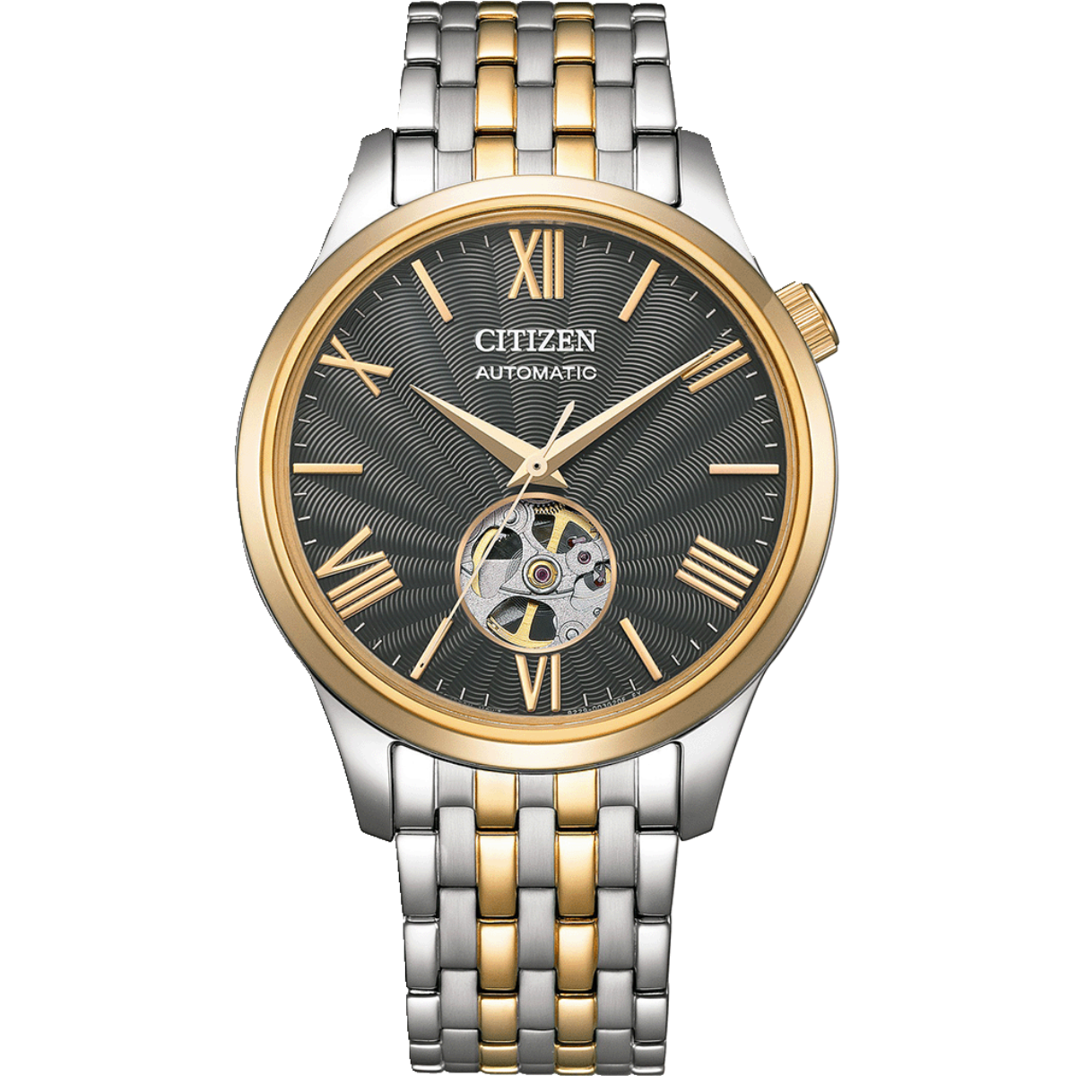 Two-tone Citizen watch with visible mechanical components on a white background