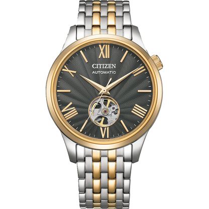 Two-tone Citizen watch with visible mechanical components on a white background