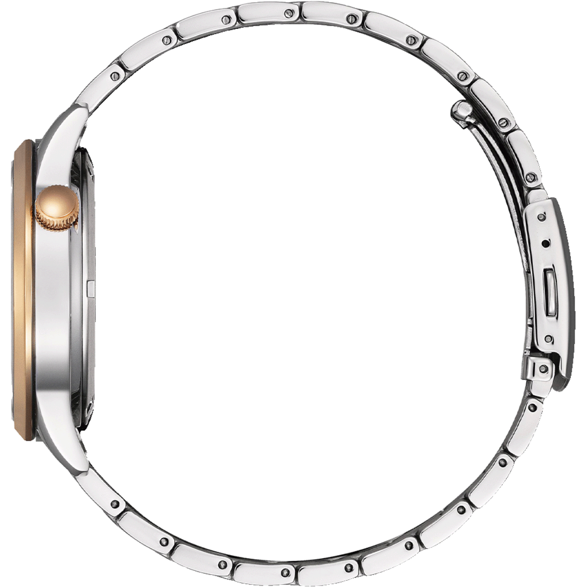 Close-up of a silver watch with a rose gold accent on a white background