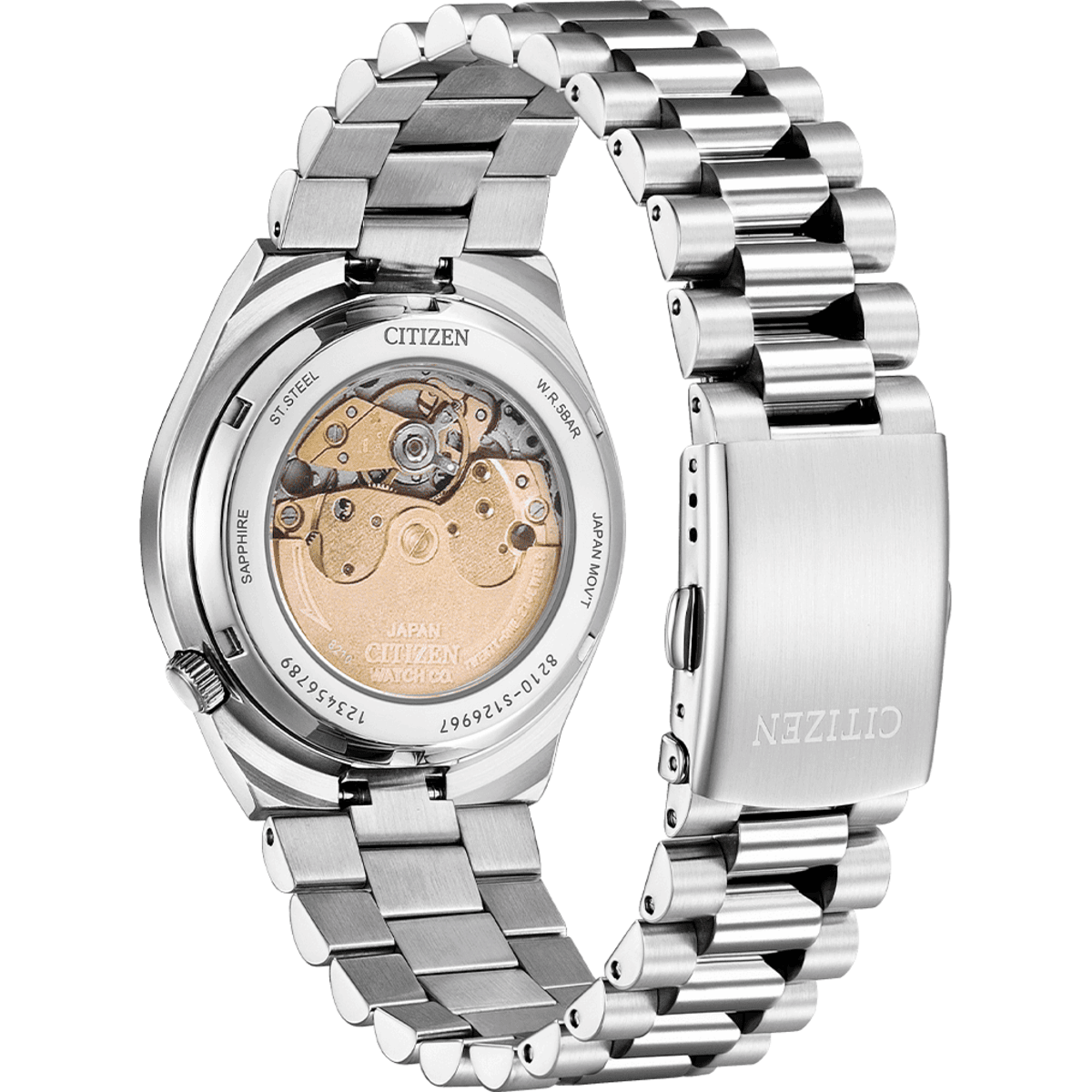 Silver Citizen watch with mechanical components on a white background