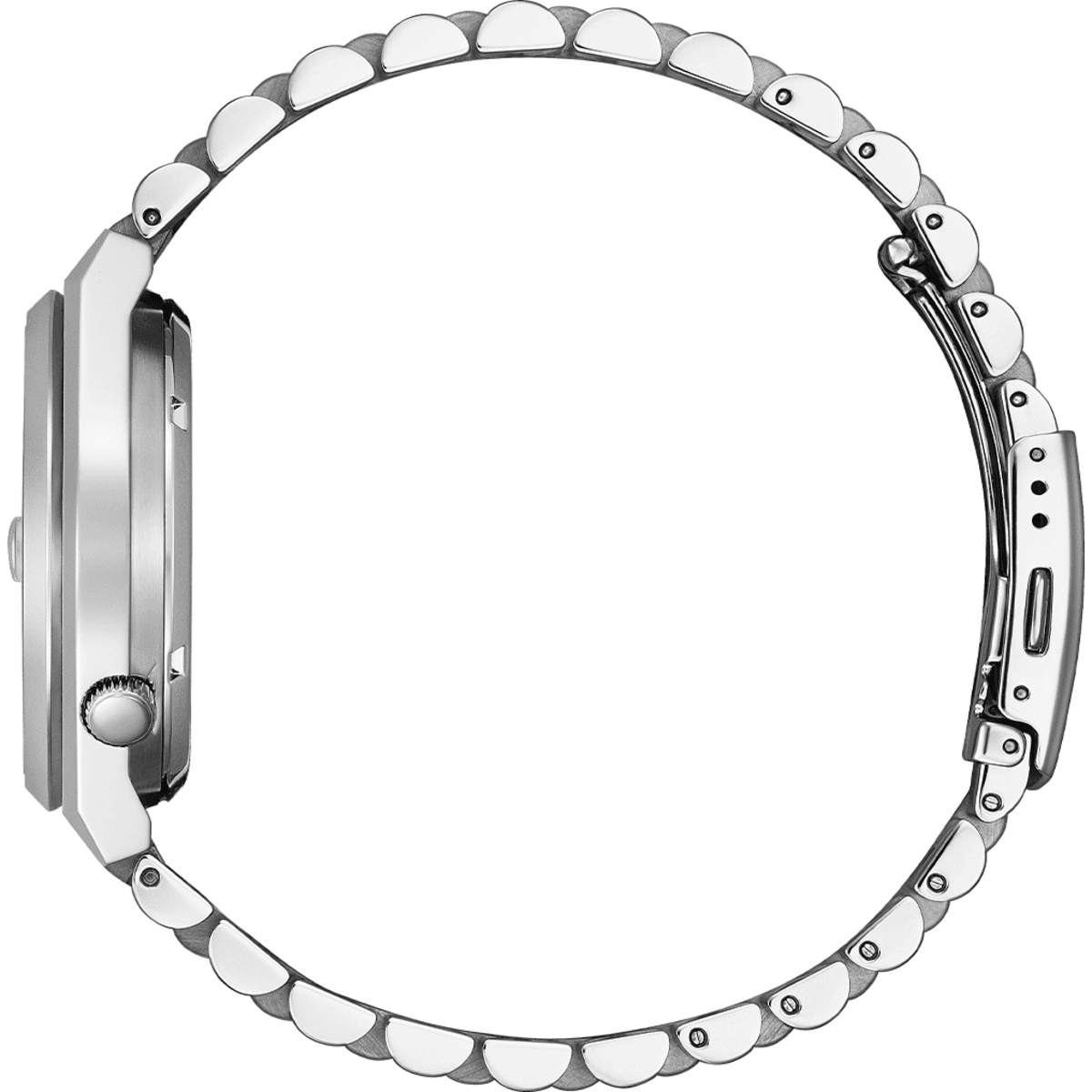 Close-up of a silver watch band on a white background