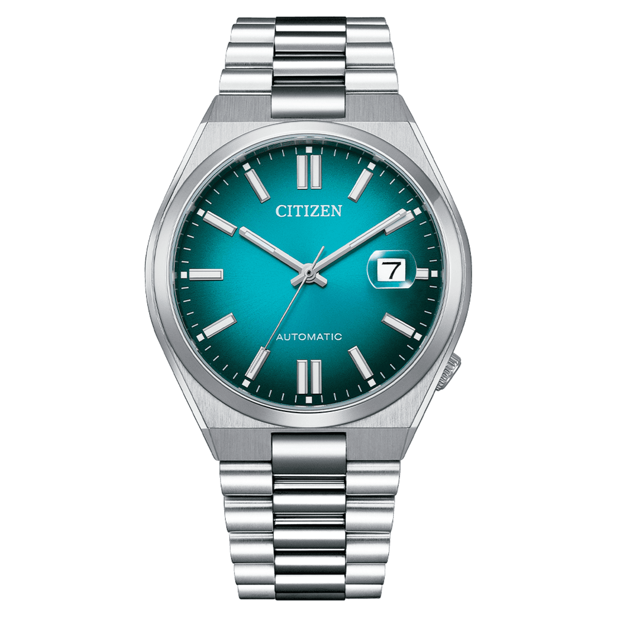 Silver watch with a blue face on a white background