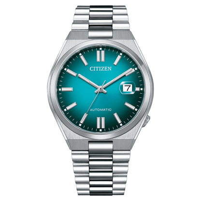 Silver watch with a blue face on a white background