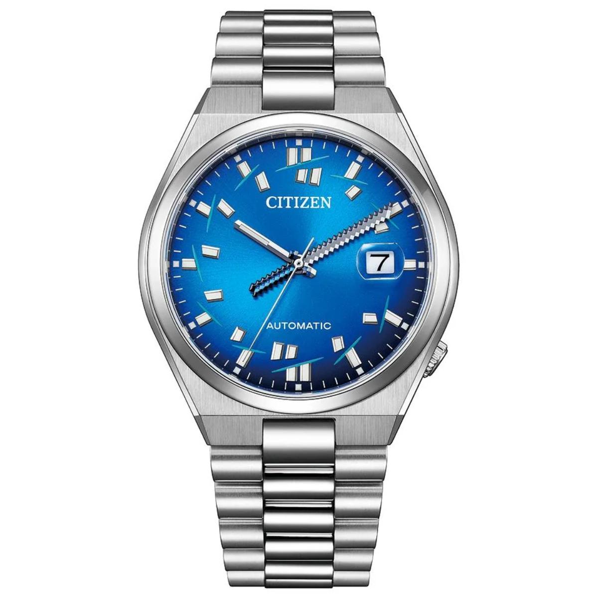 Silver Citizen watch with a blue dial on a white background