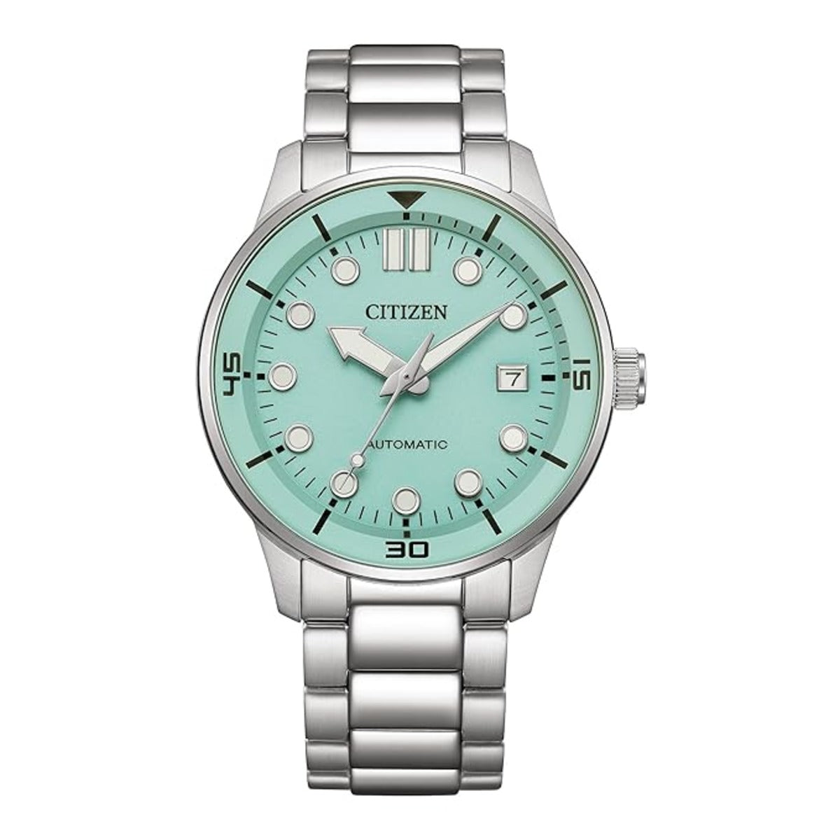 Citizen watch with silver bracelet and green dial on a white background