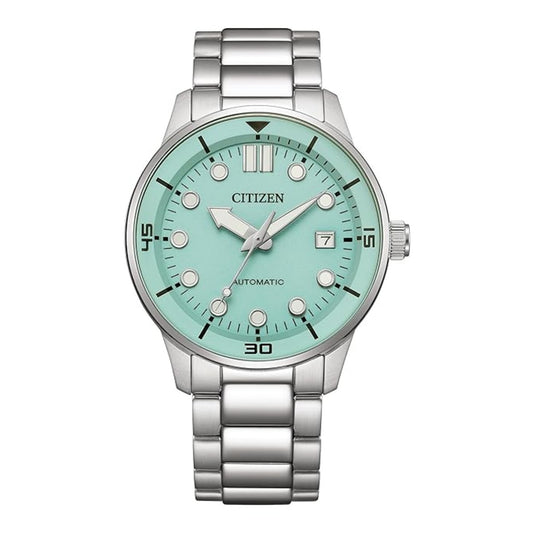 Citizen watch with silver bracelet and green dial on a white background