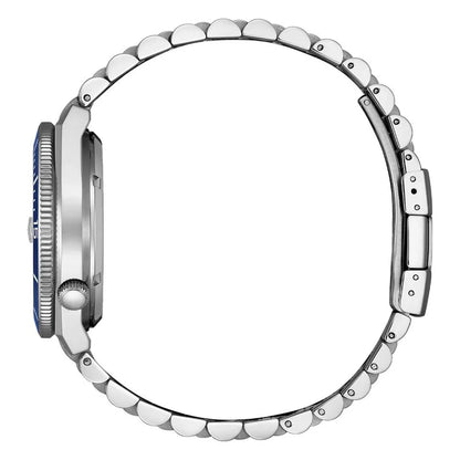 Close-up of a watch with a silver bezel and blue accents on a white background