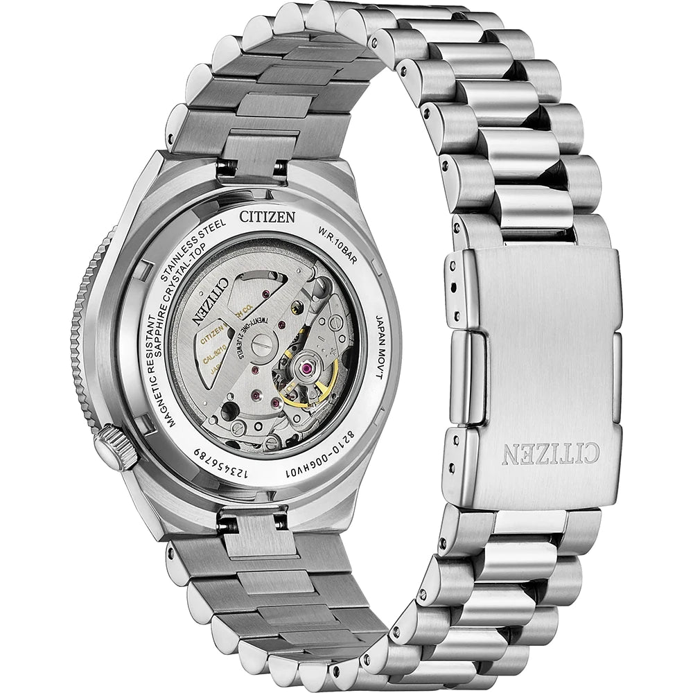 Silver Citizen watch with open face design on a white background