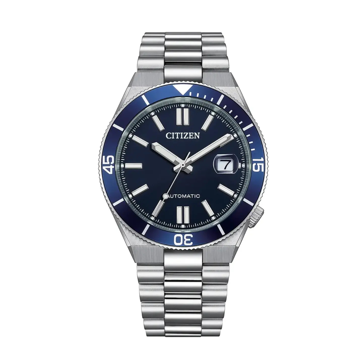 Silver watch with blue face on a white background