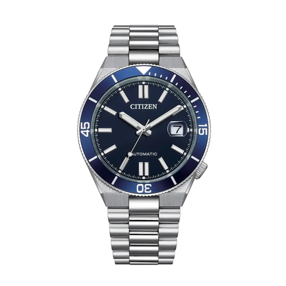 Silver watch with blue face on a white background