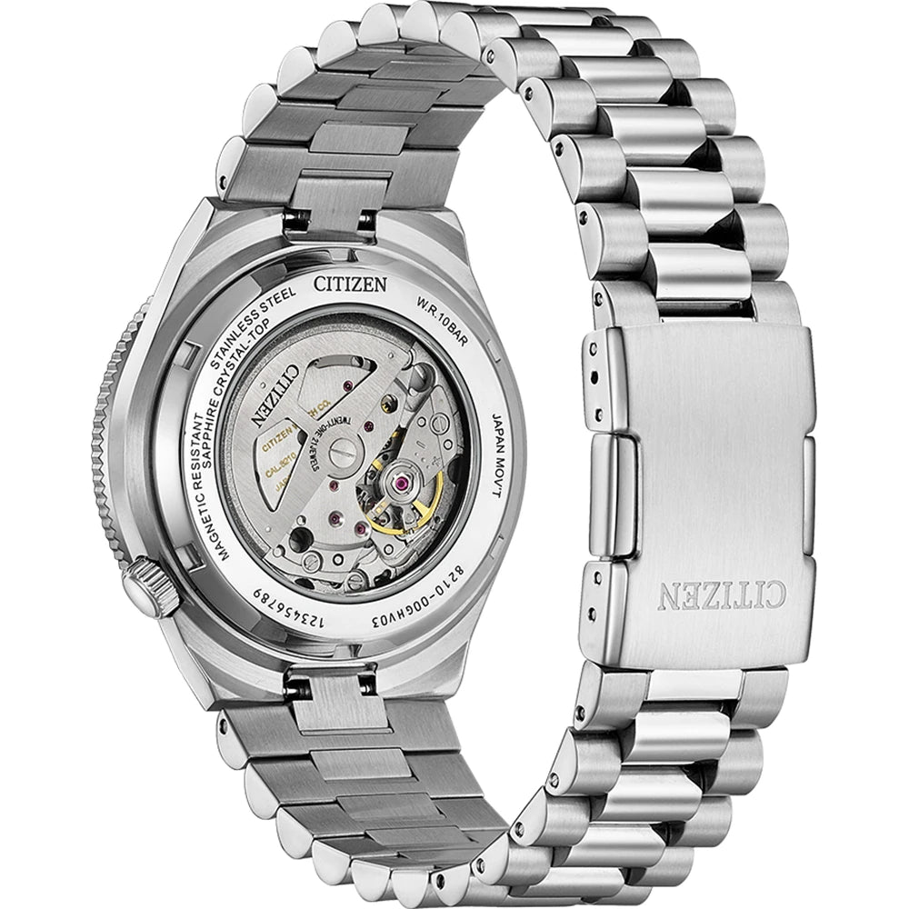 Silver Citizen watch with mechanical components on a white background