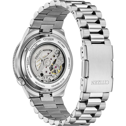 Silver Citizen watch with mechanical components on a white background